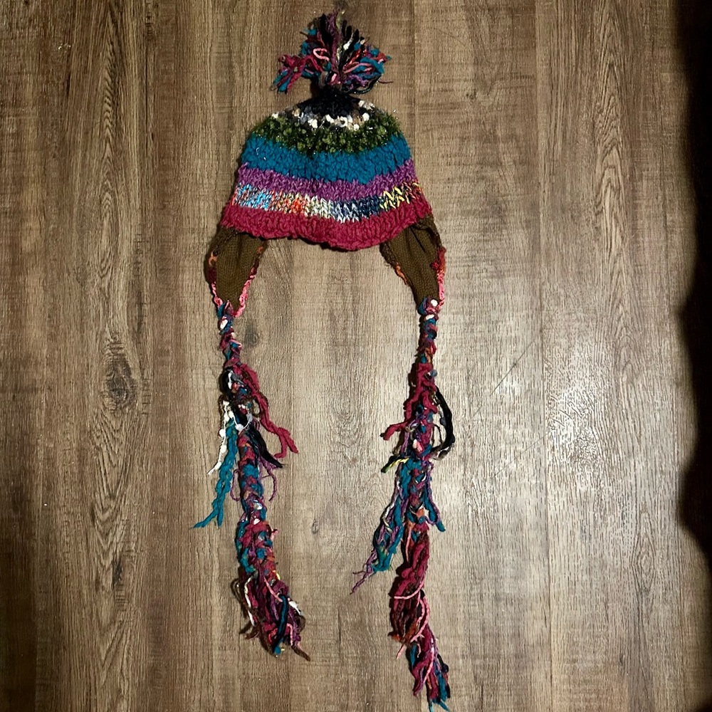 BKE Multicolor Bohemian Crochet Hat w/ Ear Flaps & Pom Pom